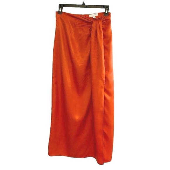 Topshop Orange Satin Wrap Midi Skirt Size 4 High Slit Vacation - Picture 2 of 5